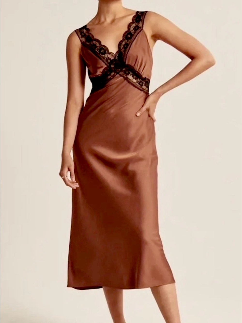 Abercrombie & Fitch Brown Slip Dress with Black Lace Trim